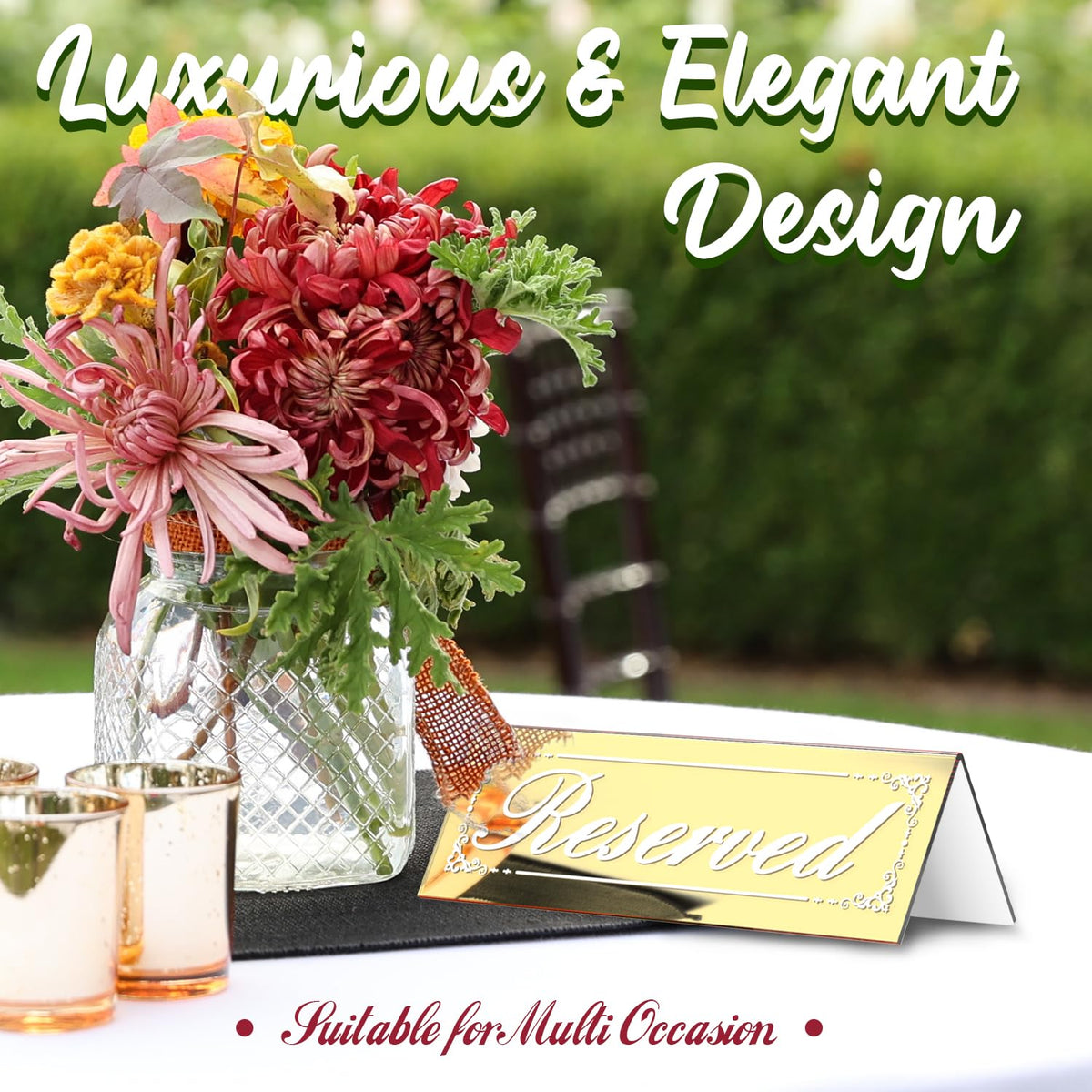 12 PCS 6"x2" Gold Mirror Reserved Table Signs, Double-Sided Lettering