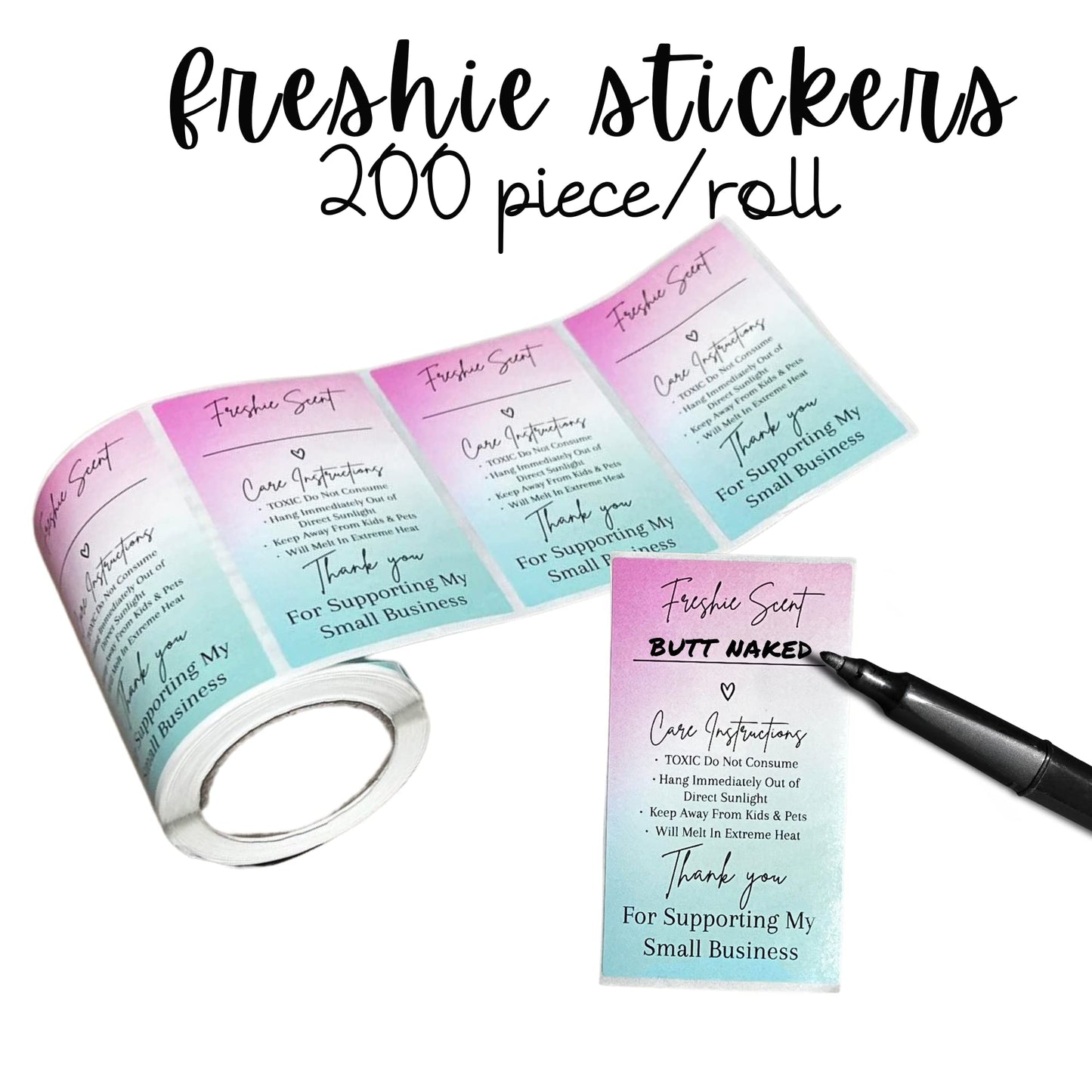 Freshie Warning Care Instruction Card Stickers | 200 Sticker Roll | 2x3.5” Write in Your Scent Line Rainbow Ombre Pink Green Scented Bead Molds Aroma Oil Freshie Silicone It’s Getting Hot Labels
