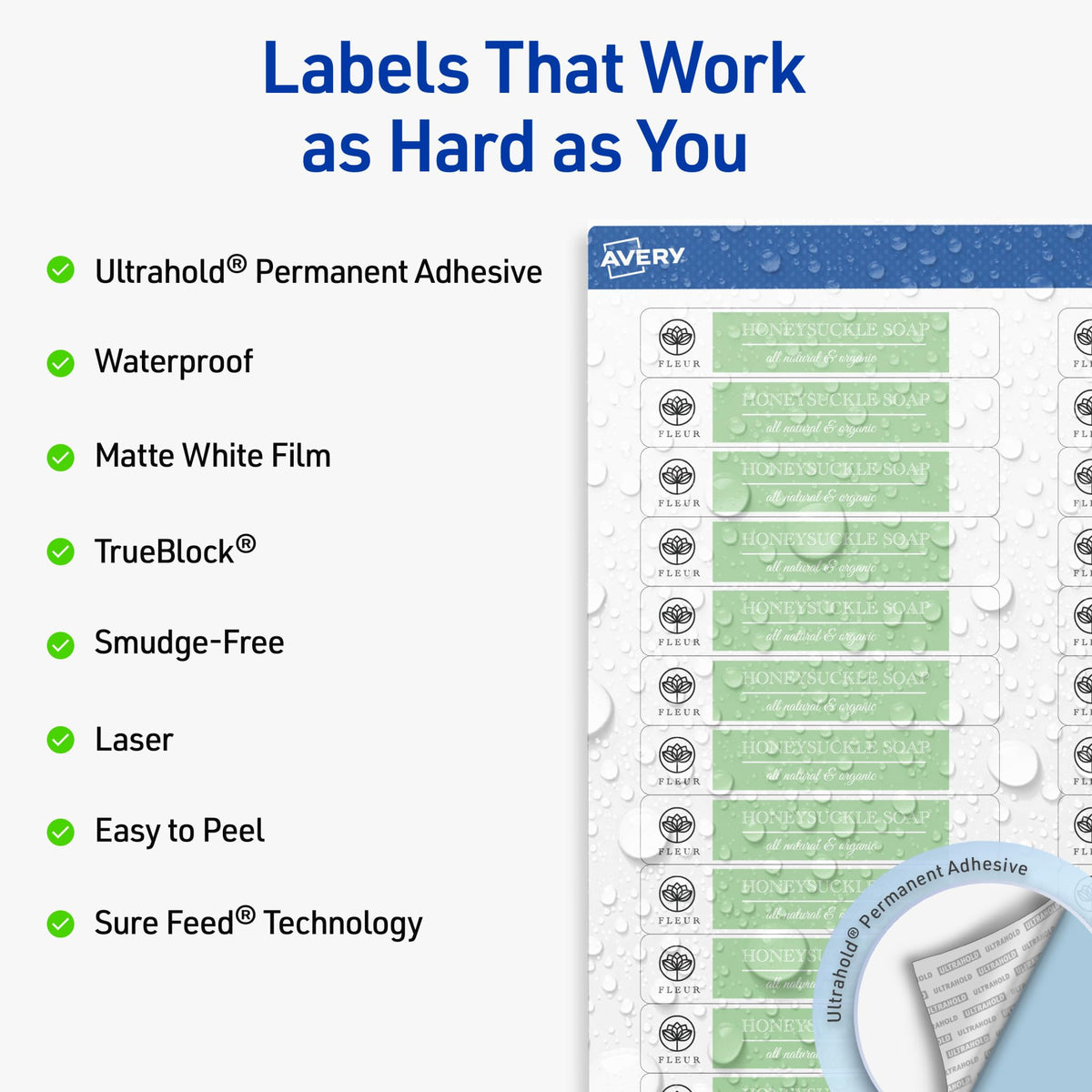 Avery Outdoor Waterproof Rectangle Labels with Sure Feed Technology, 2/3" x 3-7/16", White Film, Compatible with Laser Printers, 1500 Labels Total, Great for Product Branding, Packaging, and More 1,500 labels