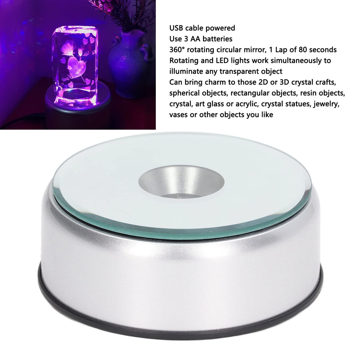 Rotating Display Stand, 360 Degree Light Colorful Crystal Base Cup Turner, Revolving Display Stand, 80 Seconds Per Lap, for Glass Art Gifts