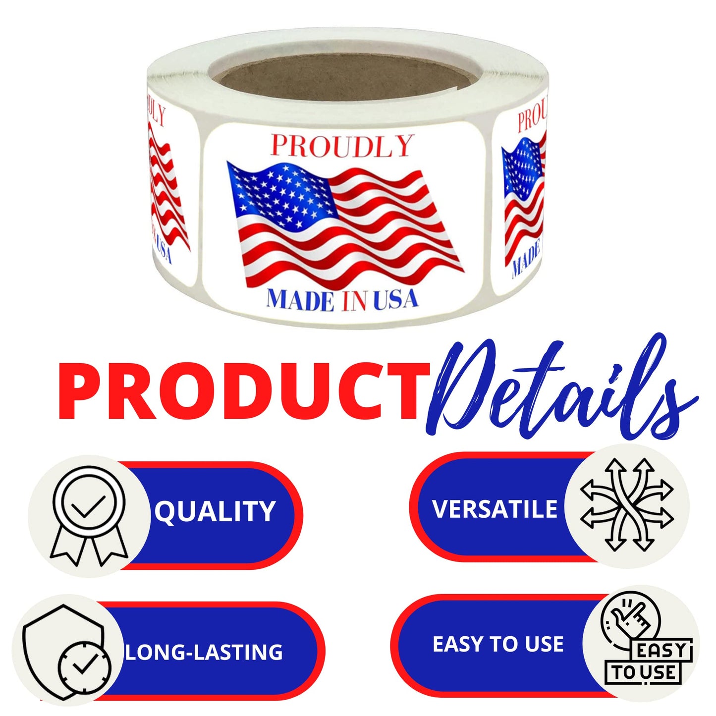 Made in USA Labels 3 X 2 Inches American Flag Stickers Glossy Paper, 500 PCS Per Roll Vinyl Decal United States Flag Sticker for Product Labeling (1 Roll) 1