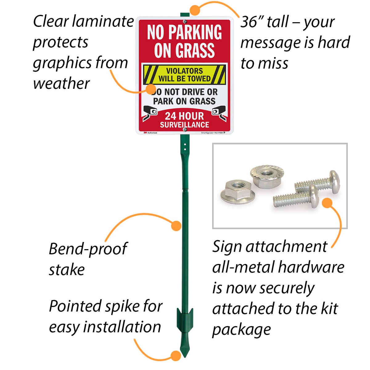 SmartSign 12" x 10" 'No Parking On Grass Violators Towed, Do Not Drive On Grass' Yard Sign with 3 ft Stake, 40 mil Aluminum 3M Laminated Engineer Grade Reflective, Multicolor Reflective Aluminum Sign with 3' Stake