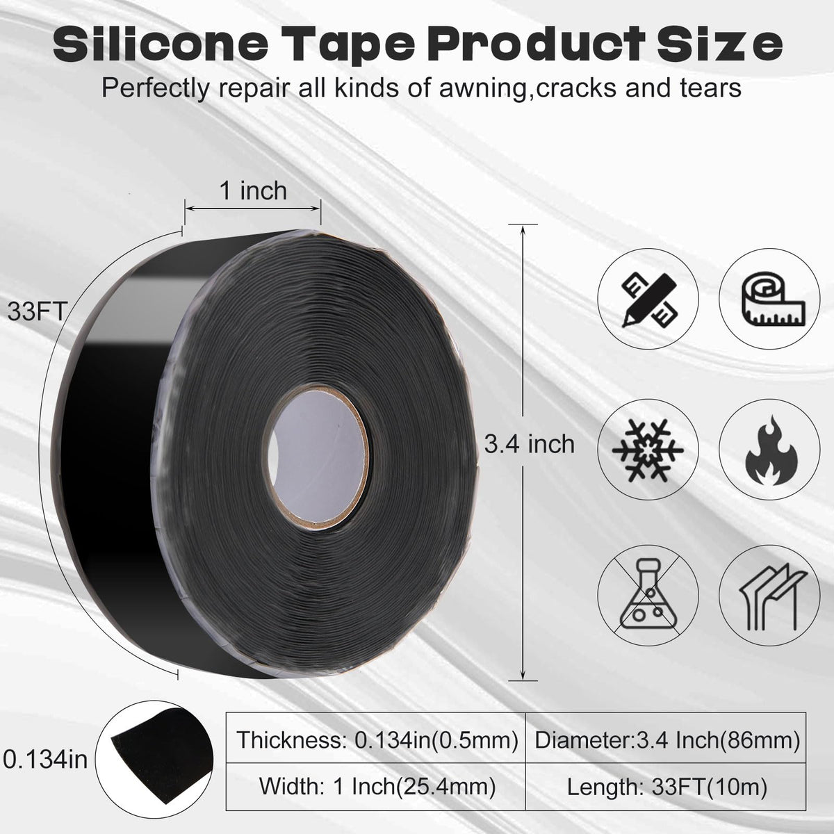 Self Fusing Silicone Tape,Rescue Tape,Self Amalgamating Tape,for Plumbing,Sealing Pipes,Wire Harness Wrapping,Hose Repair Stop Water Leak,Automotive,ElectricalCables,1" x 33',Black Black