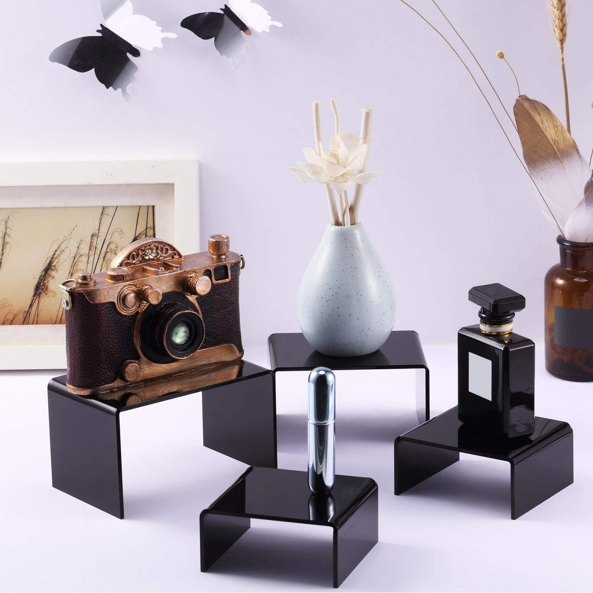 Chuangdi 2 Sets Acrylic Display Risers, Figure Stand, Black, Small Set