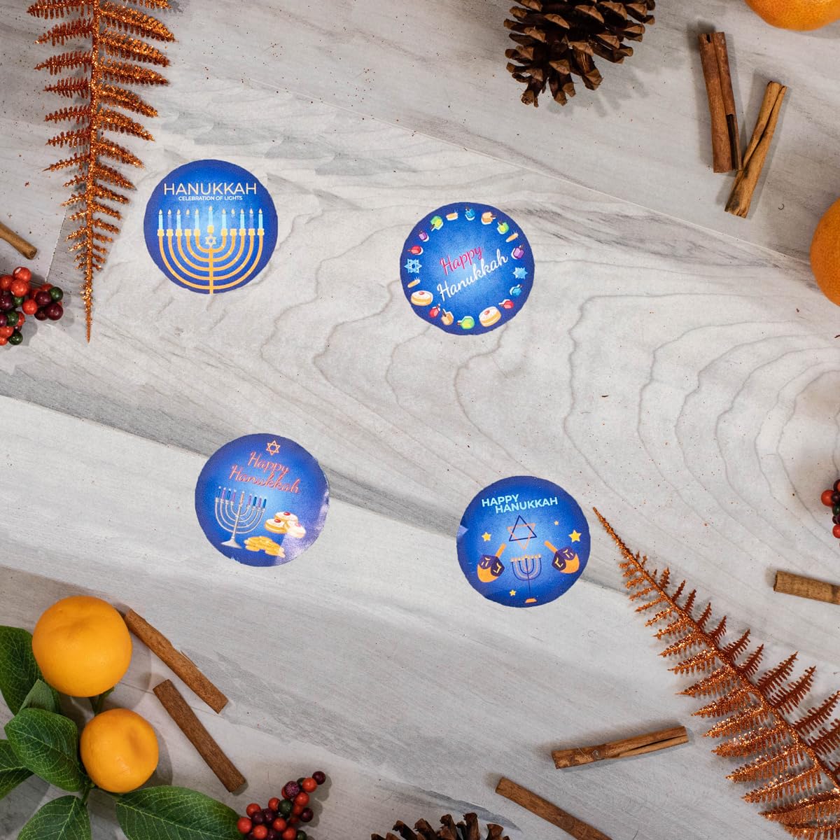 Happy Hanukkah Vibrant Blue and Gold Labels – Set of 100 Adhesive Holiday Stickers, 4 Unique Hanukkah Designs for Festive Gift Wrapping, Made in The USA