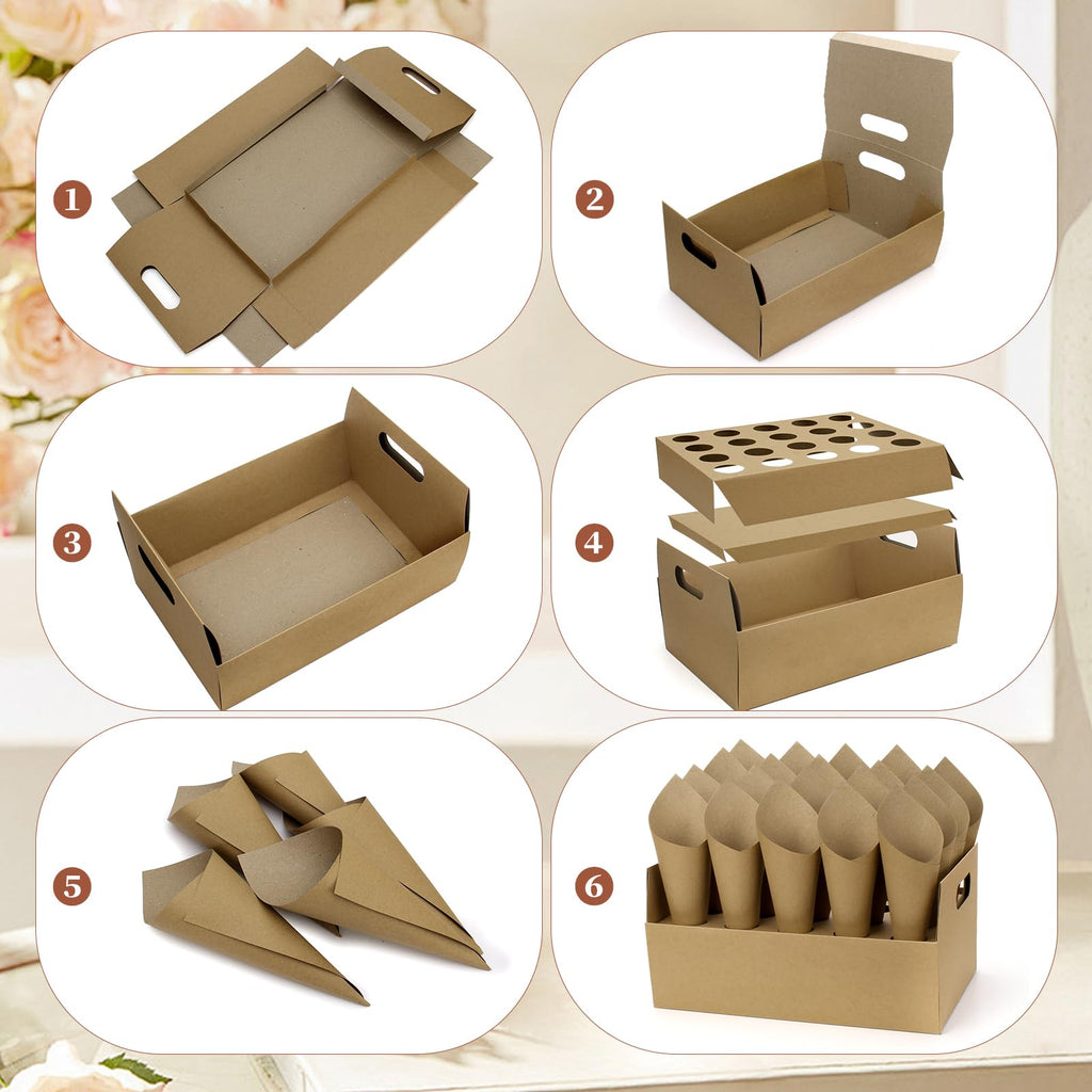 2 Set Wedding Paper Cone Stand Box, 2 Party Cardboard Cone Holders Trays of 20 Holes Each with 40 Kraft Cone Paper for Wedding, Party, Celebration, Decoration