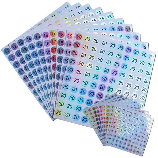 RIVEENY 20 Sheets Number 1-20 Waterproof Reflective Laser Number Stickers,Round Self Adhesive Stickers,Self-Adhesive Consecutively Numbered Labels for Storage/Organizing