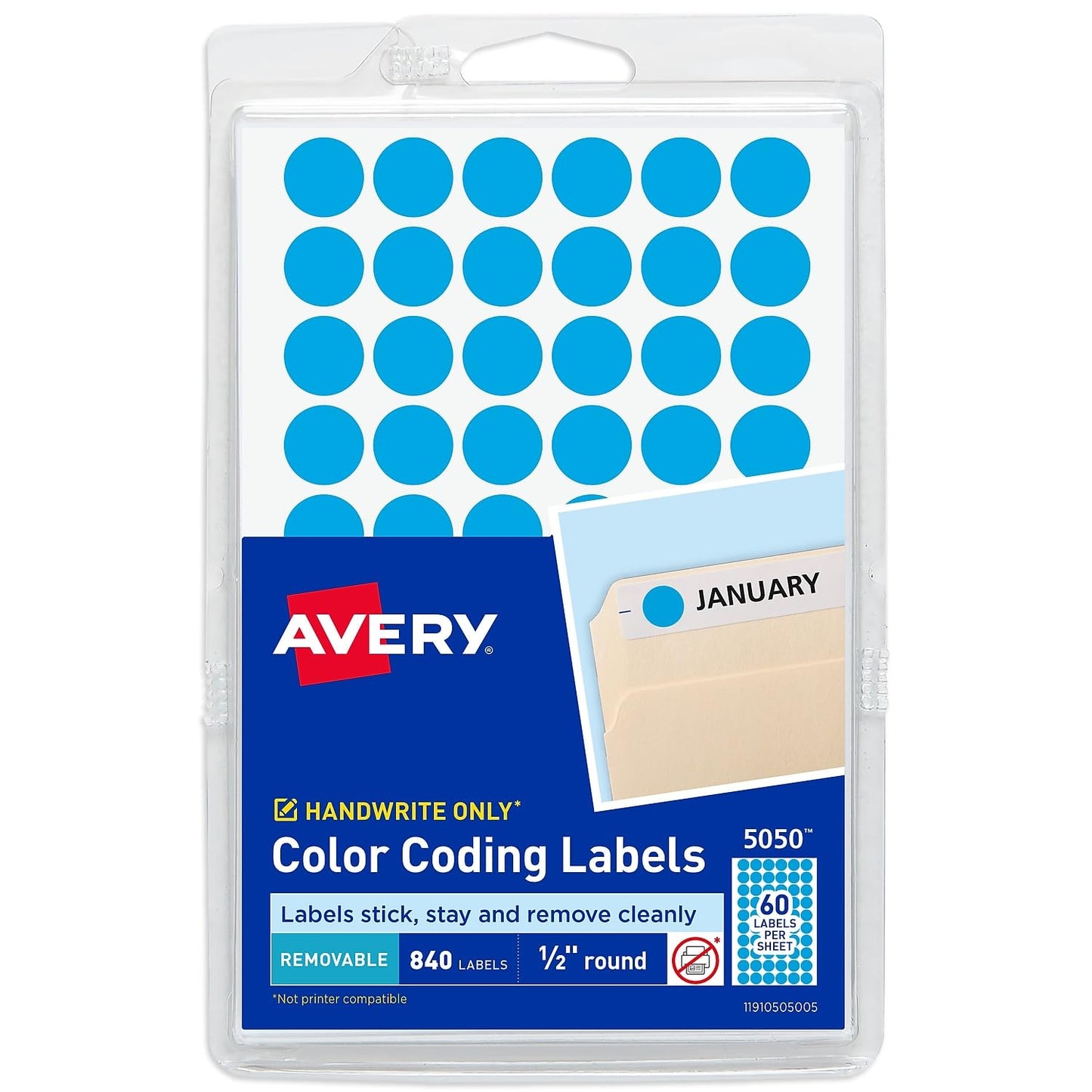 Avery Color-Coding Removable Labels, 1/2 Inch Round Stickers, Light Blue, Non-Printable, 840 Dot Stickers Total (5050) One Size