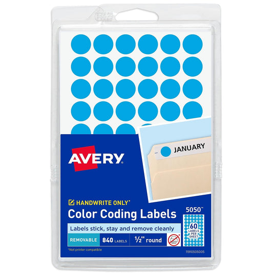 Avery Color-Coding Removable Labels, 1/2 Inch Round Stickers, Light Blue, Non-Printable, 840 Dot Stickers Total (5050) One Size