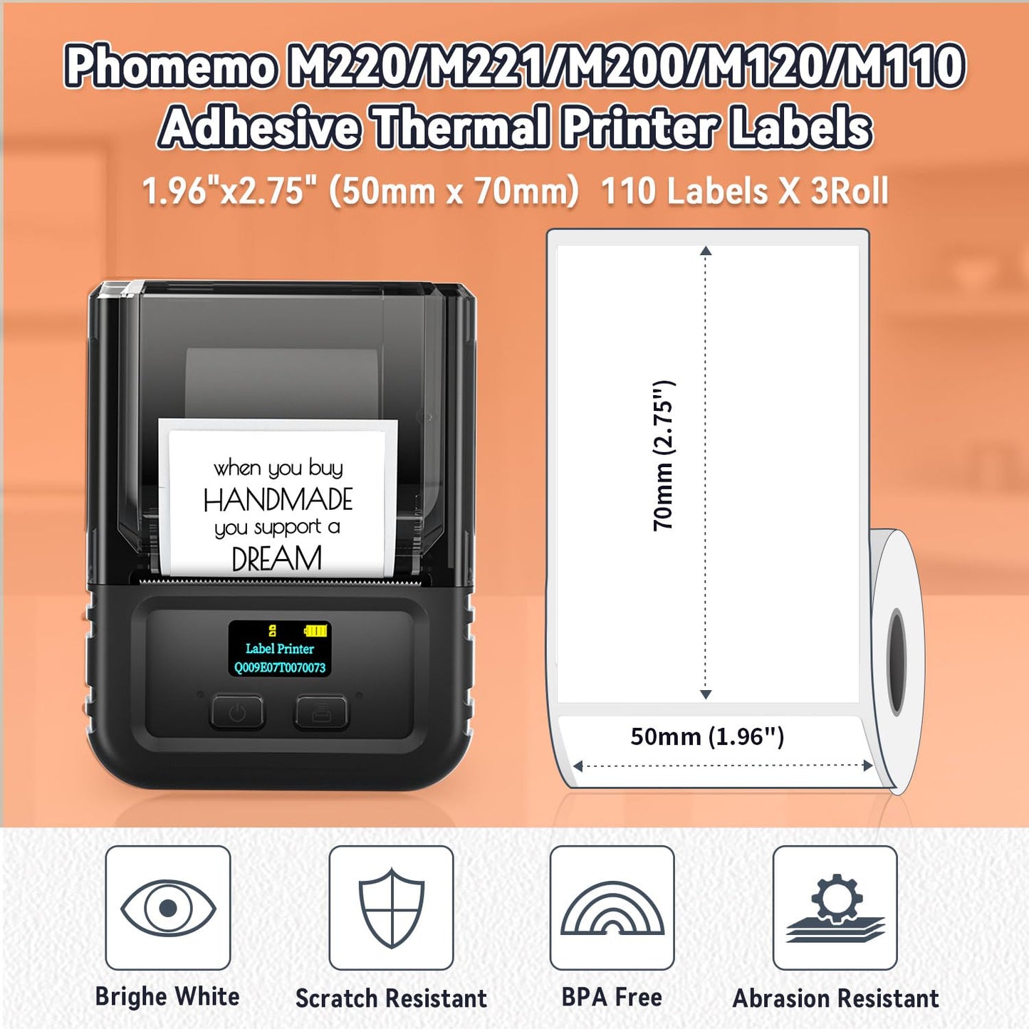 [3x110 pcs] Phomemo Thermal Sticker Label Paper, Multi-Purpose Self-Adhesive Tag for M110, M220, M120, M200, M221,M150,M250 Label Maker, Phomemo Original Labels 1.96"x2.75" (50x70mm), Black on White 1.96"x2.75" Address Labels