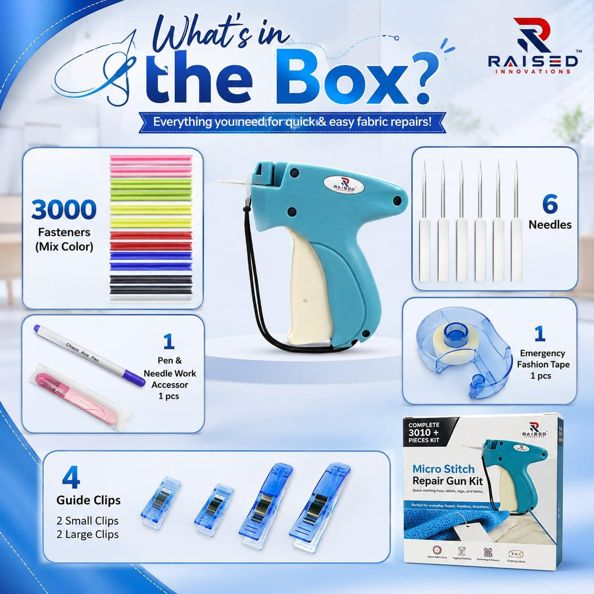 Stitch Gun for Clothes, 3010 Piece Micro Stitch Kit BLUE