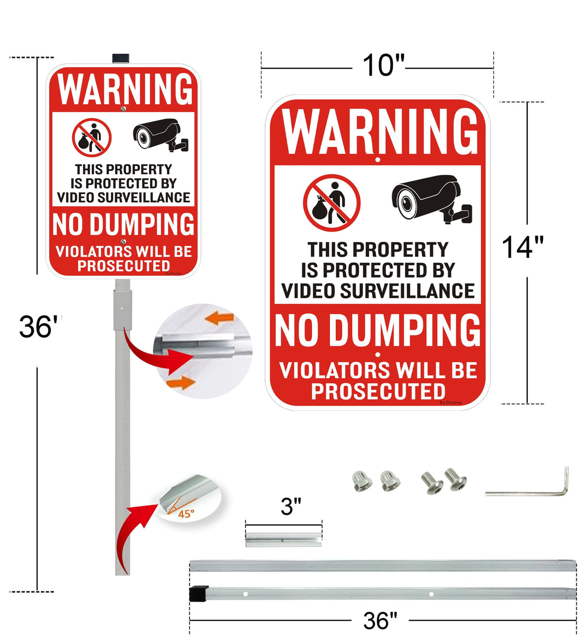2Pack No Dumping Sign,14" x 10" Property Protected By Video Surveillance Sign with 36" Alloy Stakes, Rust Free &Fade Resistant Heavy Reflective Aluminum,Included Mounting Screw Kit.