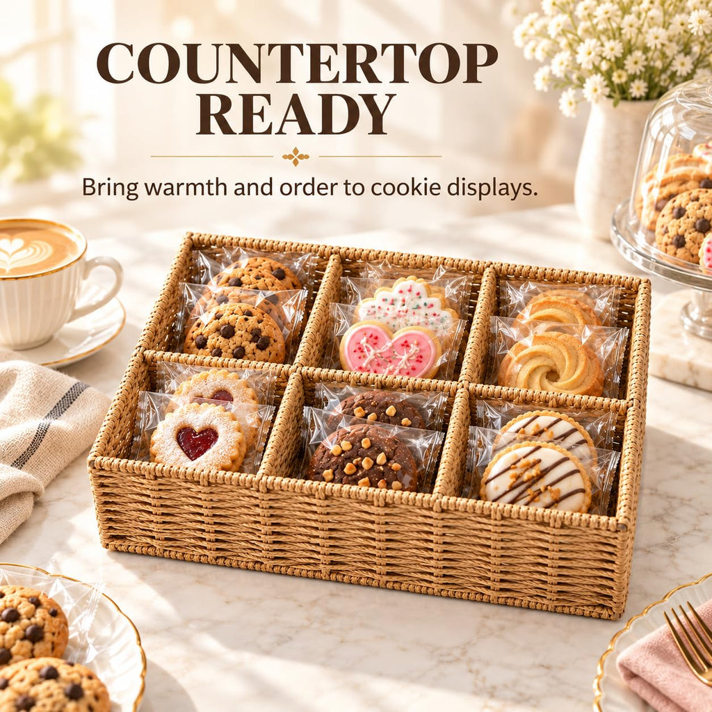 Cookie Display Stand, 6-Compartment Woven Snack Basket for Vendors, Natural