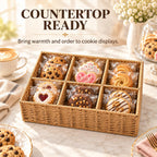 Cookie Display Stand, 6-Compartment Woven Snack Basket for Vendors, Natural