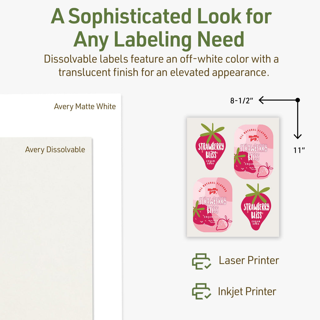 Avery Dissolvable Rectangle Sticker Paper, 8.5" x 11", Matte White, Laser/Inkjet Printable, 10 Labels Total, Freezer-Safe, Microwave-Safe, Refrigerator-Safe