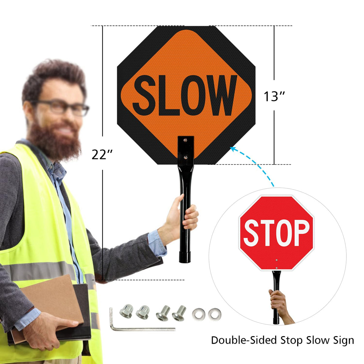 GicnKeuz 2 Pack Stop Slow Sign with Metal Handle, 13x13 inches Double Sided Slow/Stop sign, Traffic Reflective Aluminum Sign, Fade Resistant/Waterproof, Easy to Mount (Red & Orange) 13" x 13" - 2 packs of Stop Sign with handle