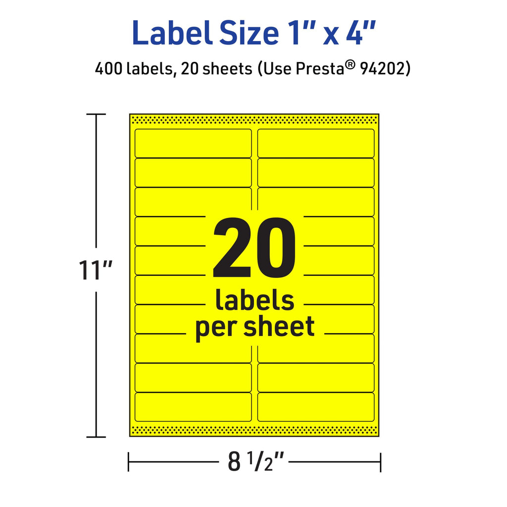Avery® Printable Rectangle Labels, Sure Feed® Technology, 1" x 4", Neon Yellow Labels, Laser/Inkjet Printable, 400 Total, Great for Mailing and Cosmetics 400 labels