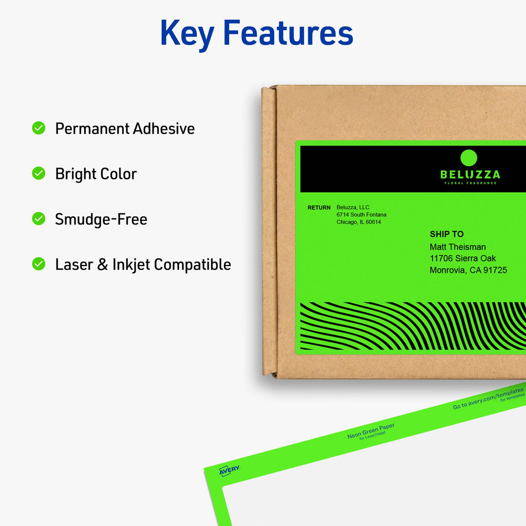 Avery® Printable Shipping Labels, 5-1/2" x 8-1/2", Neon Green, Laser & Inkjet Compatible, 200 Blank Labels Total, Great for Branding, Mailing, Organizing, and More (5952) 200 labels