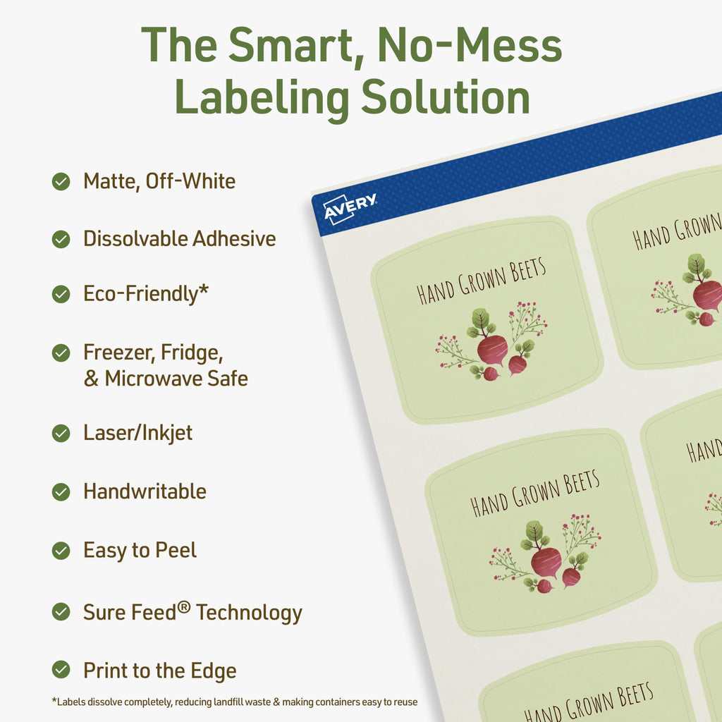 Avery Dissolvable Arched Square Labels, Sure Feed Technology, 2" x 2-3/16", Matte White, Print-to-The-Edge, Laser/Inkjet Printable, 120 Labels Total