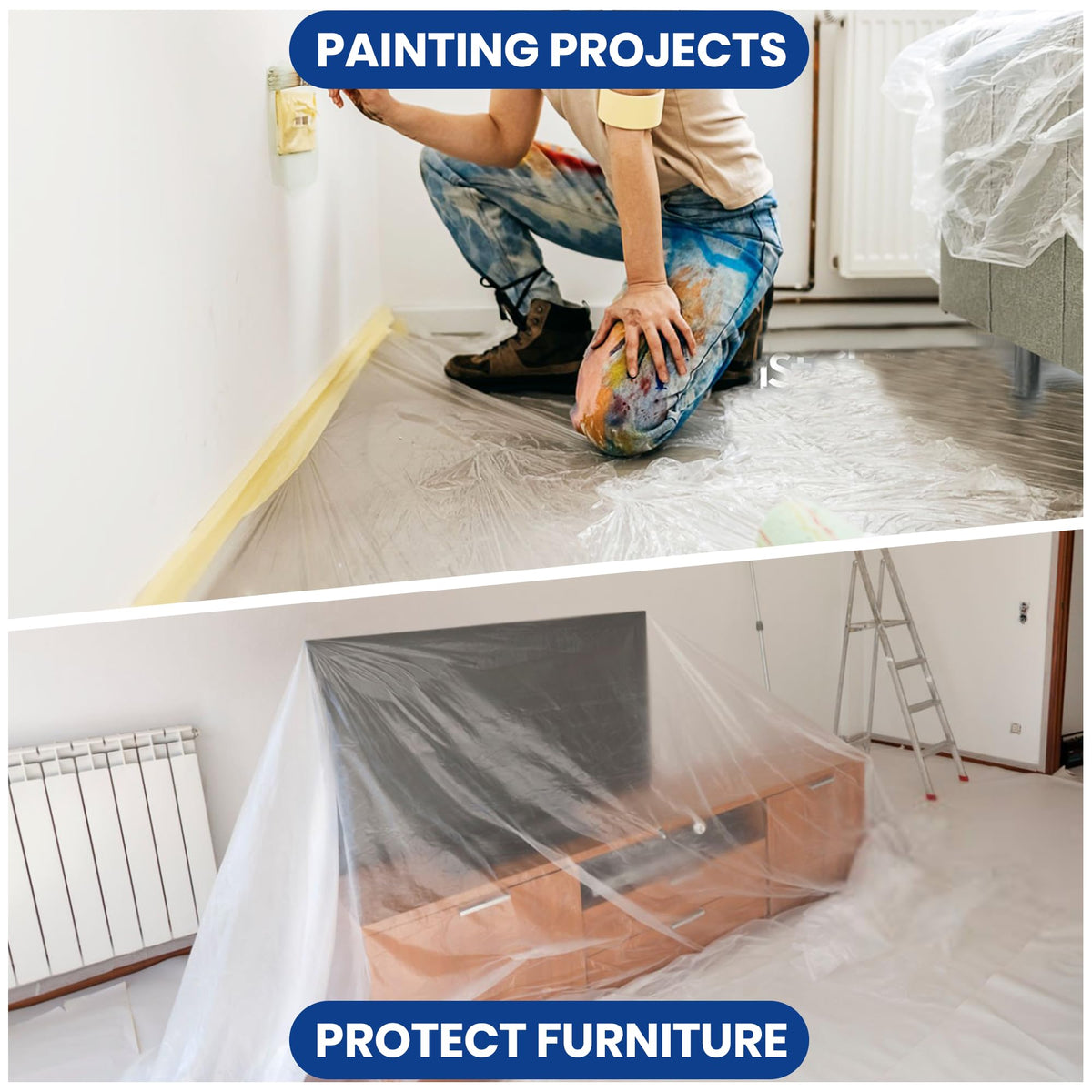 ADHES Pretaped Masking Film with Dispenser, 550mm x 33m (22in x 108ft), Paint Protection Plastic Drop Cloth for Painting, Automotive, Furniture and Floor Covering 22in x 108ft 1