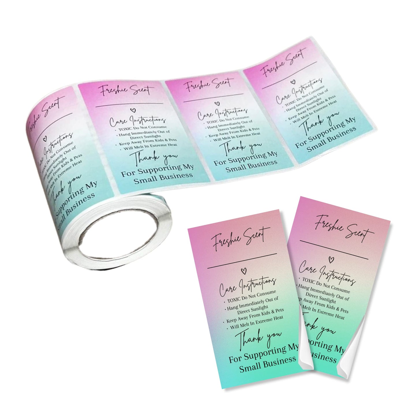 Freshie Warning Care Instruction Card Stickers | 200 Sticker Roll | 2x3.5” Write in Your Scent Line Rainbow Ombre Pink Green Scented Bead Molds Aroma Oil Freshie Silicone It’s Getting Hot Labels