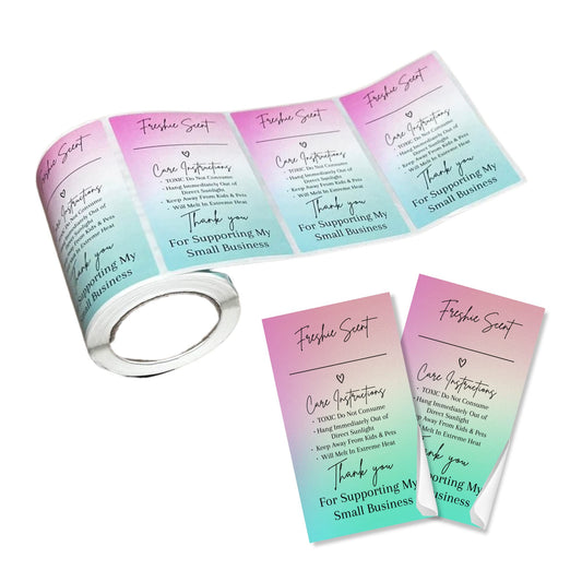 Freshie Warning Care Instruction Card Stickers | 200 Sticker Roll | 2x3.5” Write in Your Scent Line Rainbow Ombre Pink Green Scented Bead Molds Aroma Oil Freshie Silicone It’s Getting Hot Labels