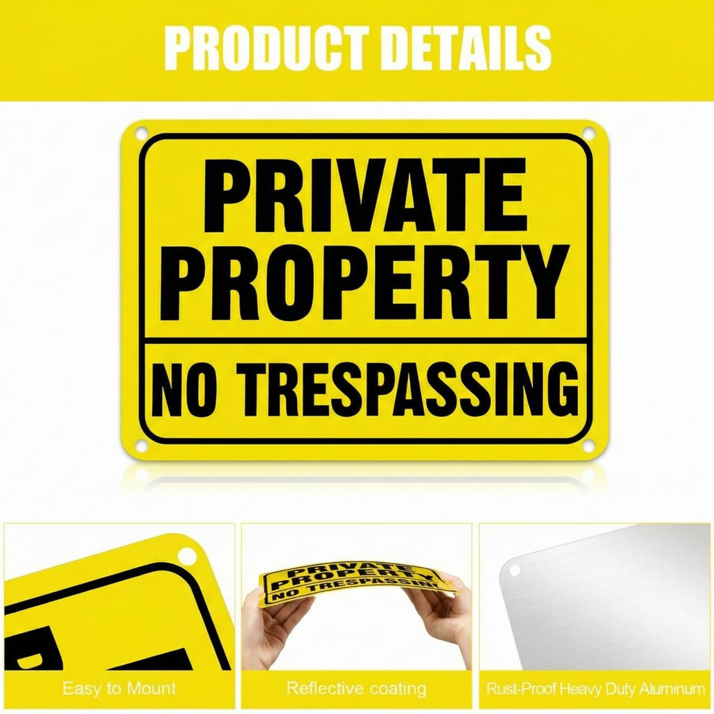 LEIFIDE 12pcs No Trespassing Private Property Signs 7 x 10 Inch Metal Reflective Aluminum No Trespassing Sign Weatherproof Warning for Property Security(High Visibility, Bright Yellow, Black)