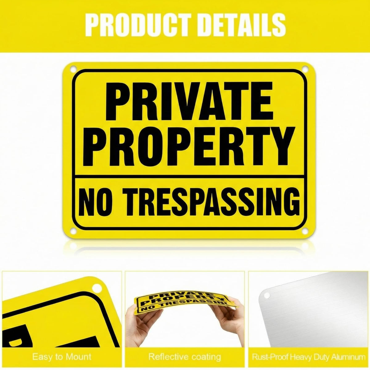 LEIFIDE 12pcs No Trespassing Private Property Signs 7 x 10 Inch Metal Reflective Aluminum No Trespassing Sign Weatherproof Warning for Property Security(High Visibility, Bright Yellow, Black)