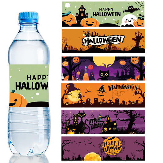 24 PCS Happy Halloween Water Bottle Labels Halloween Bottle Stickers Trick or Treat Stickers, Pumpkin Bat Web Pattern Bottle Labels Stickers for Halloween Party Supplies
