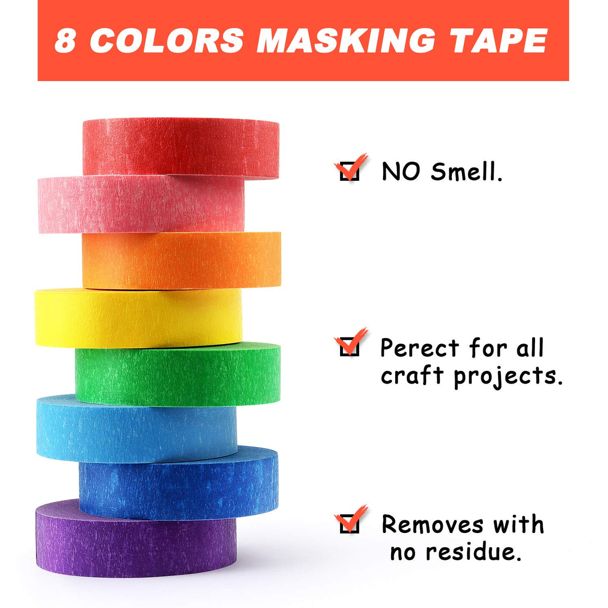 8 Rolls Colored Masking Tape Rainbow Painters Tape, 0.6 Inch x 16 Yard Bright