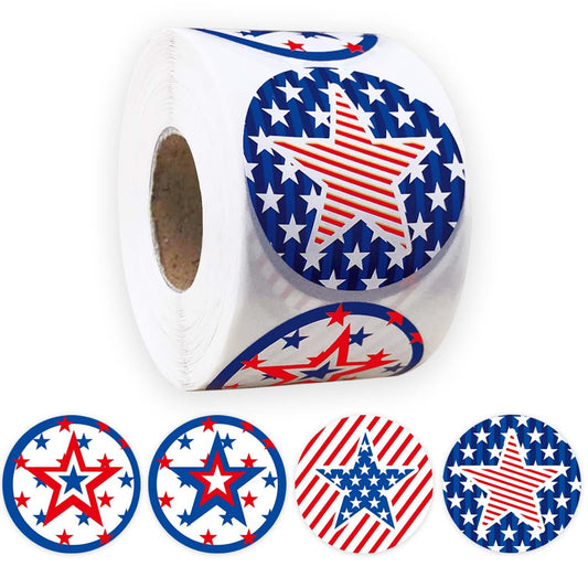 500 Pcs American Round Stars Flag Stickers Roll 1.5 Inch US 4th of July Patriotic Stickers 4 Designs Small USA Stars Red White Blue Decals Adhesive Label Decorative for Kids Face Car Party Supplies