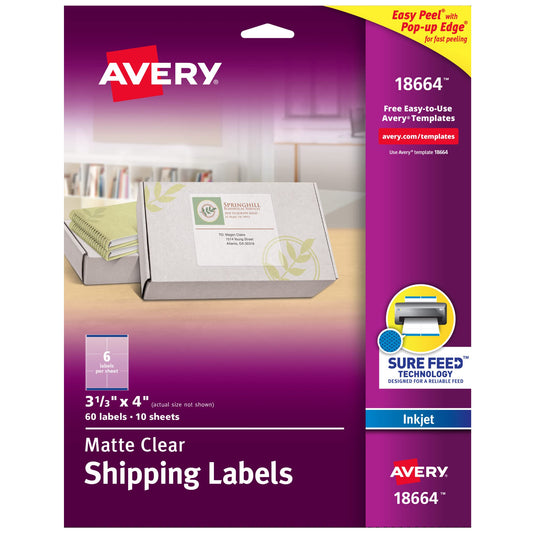 Avery Matte Frosted Clear Address Labels for Inkjet Printers, 3-1/3" x 4", 60 Labels, 5 Packs (18664)