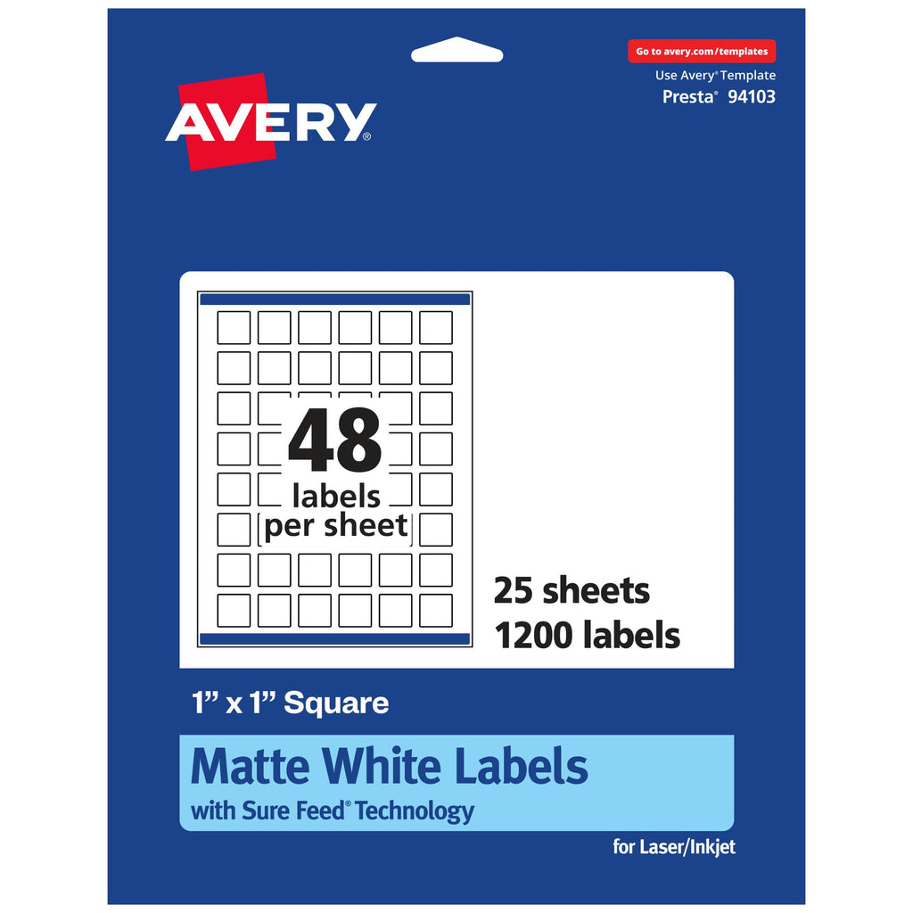 Avery Matte White Square Labels Bundle with Sure Feed - 1" x 1" 1,200 Labels & 3/4" x 3/4" 2,000 Labels