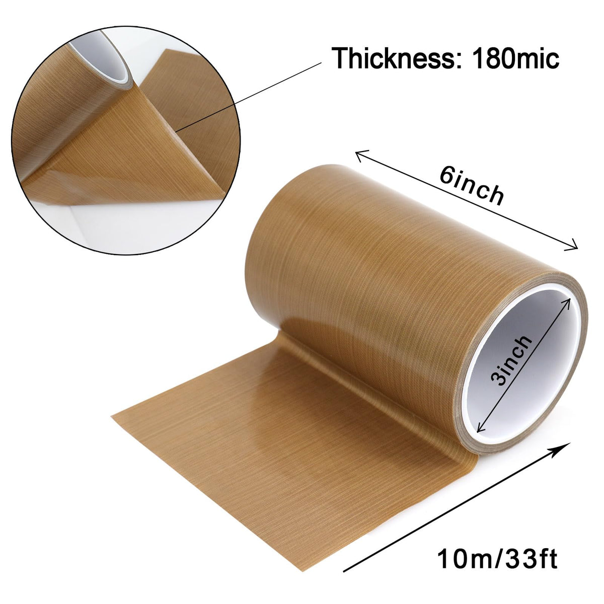 BOMEI PACK PTFE Glass Cloth Tape, 1 Pack 6 "x 33 ft High Temperature PTFE Tape Abrasion Resistant Surface Protection for Vacuum Sealer Machine, Hand Impulse Sealers Insulation Coated 1R Teflon 6in33ft