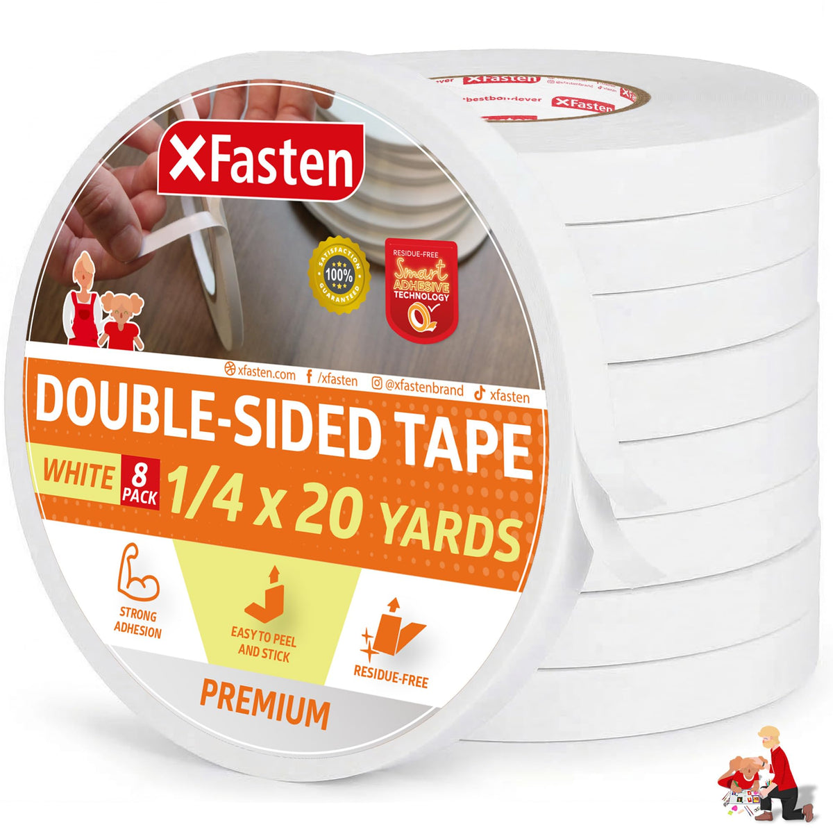 XFasten Double Sided Tape, Removable, 1/4-Inch by 20-Yards, Pack of 8 Ideal as a Gift Wrap Tape, Holding Carpets, and Woodworking 1/4-Inch x 20-Yards (8-Pack)