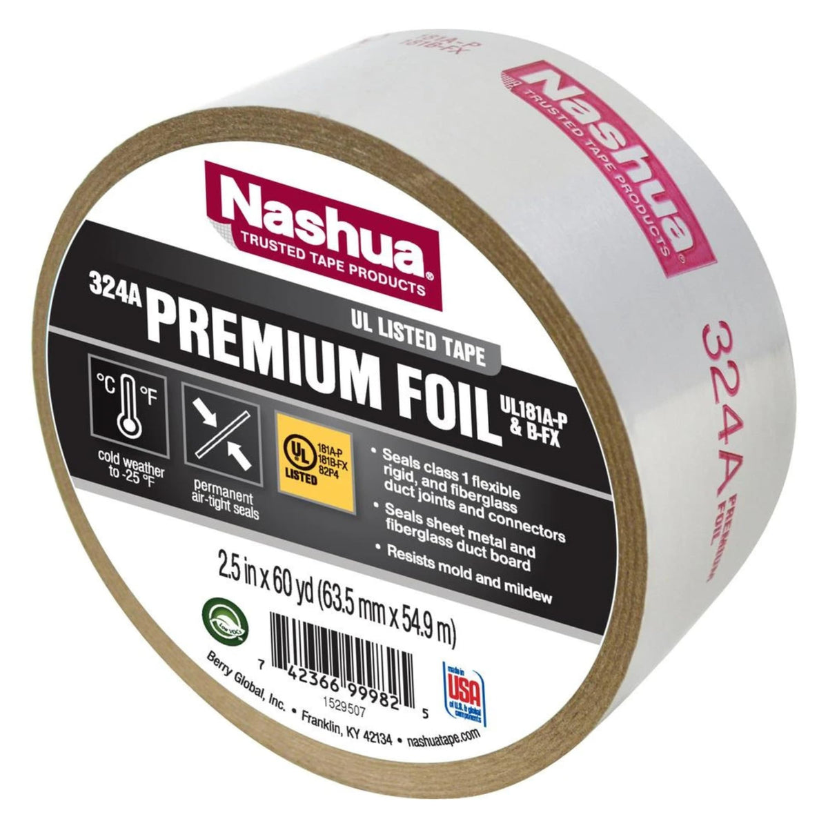 Nashua 324A/SI2560 324A Cold Weather Premium Foil Tape, 4.8 mil Thick, 60 yd. Length x 2-1/2" Width, Silver
