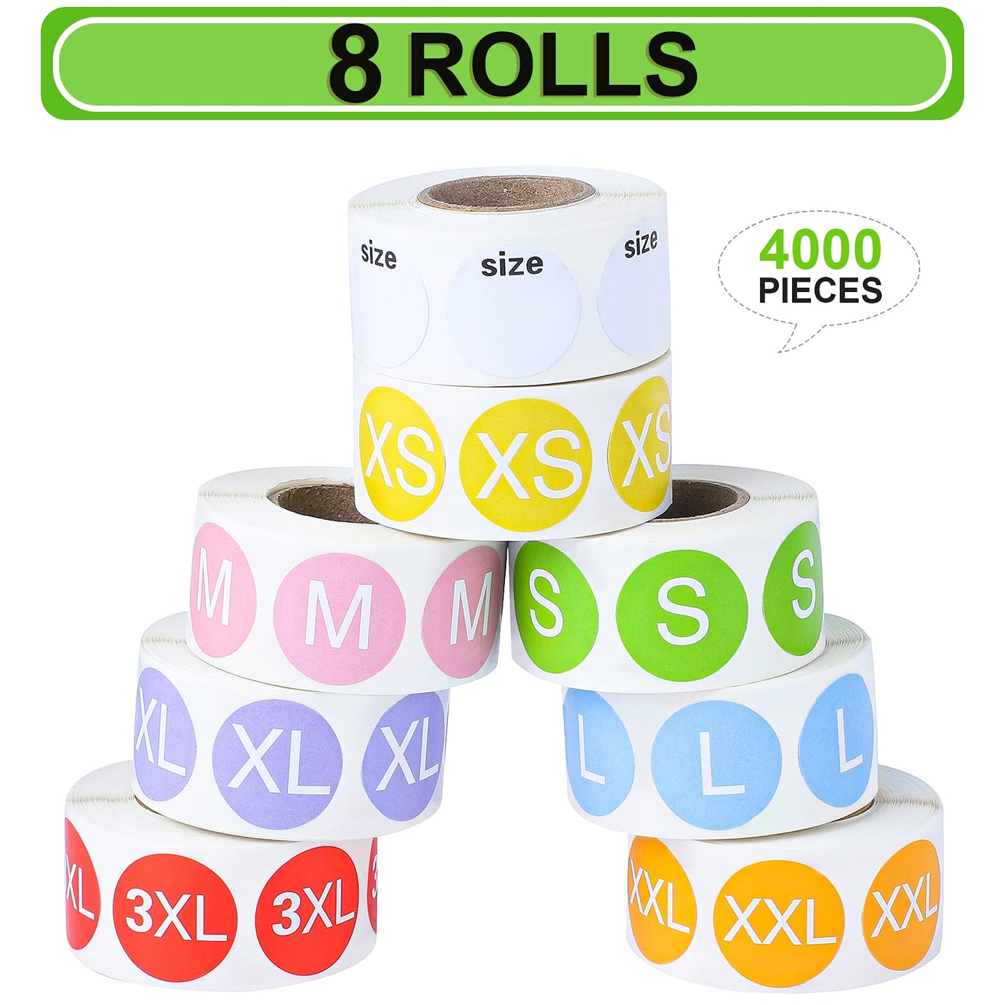 Elcoho 4000 Pieces Clothing Size Sticker Labels Round Color Stickers with Black Text 8 Rolls 7 Sizes and One Roll Blank Size Stickers