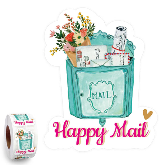 Happy Mail Stickers & Labels (500pcs) - Cute Thank You Boutique Packaging, Flowers Retro Blue Mail Stickers