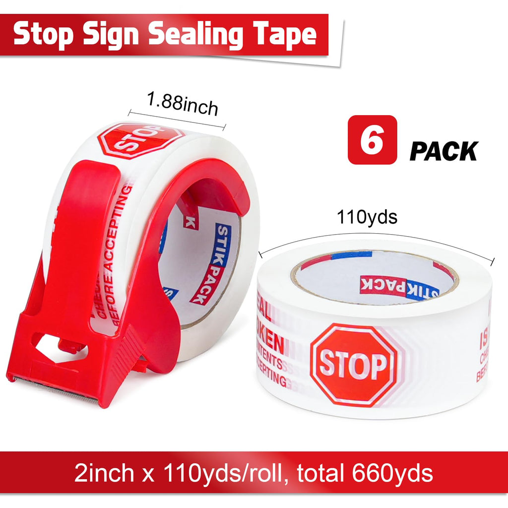 6 Pack Stop Sign Sealing Tape Pre-Printed IF Seal is Broken Check Contents Before Accepting 2 Inch x 110 Yards, Total 660Y, Heavy Duty Packing Tape with Dispenser for Moving and Shipping 6