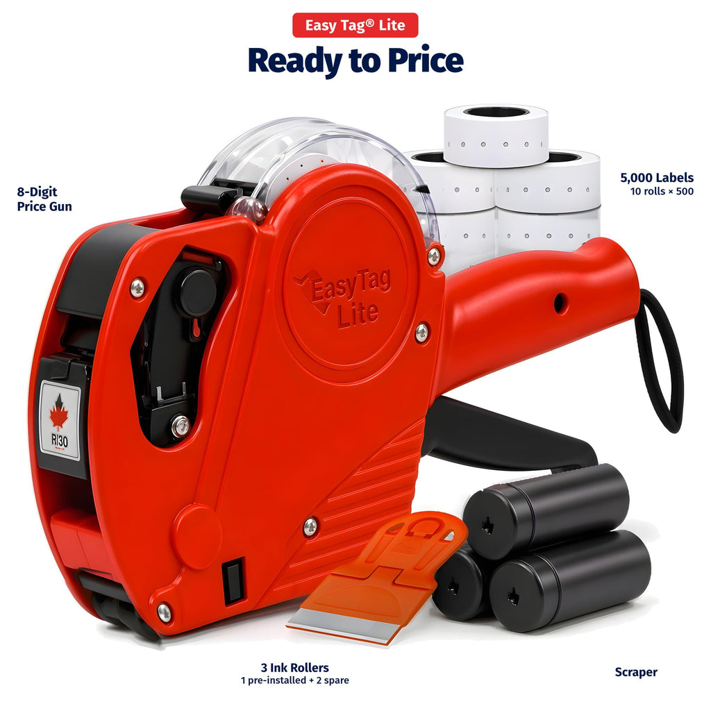 Easy Tag Lite Price Gun, 8 Digits 5500EOS Pricing Gun with 5,000 White Label Stickers, 3 Ink Rollers, 1 Scraper, Price Guns for Retail, Yard Sale (Red)