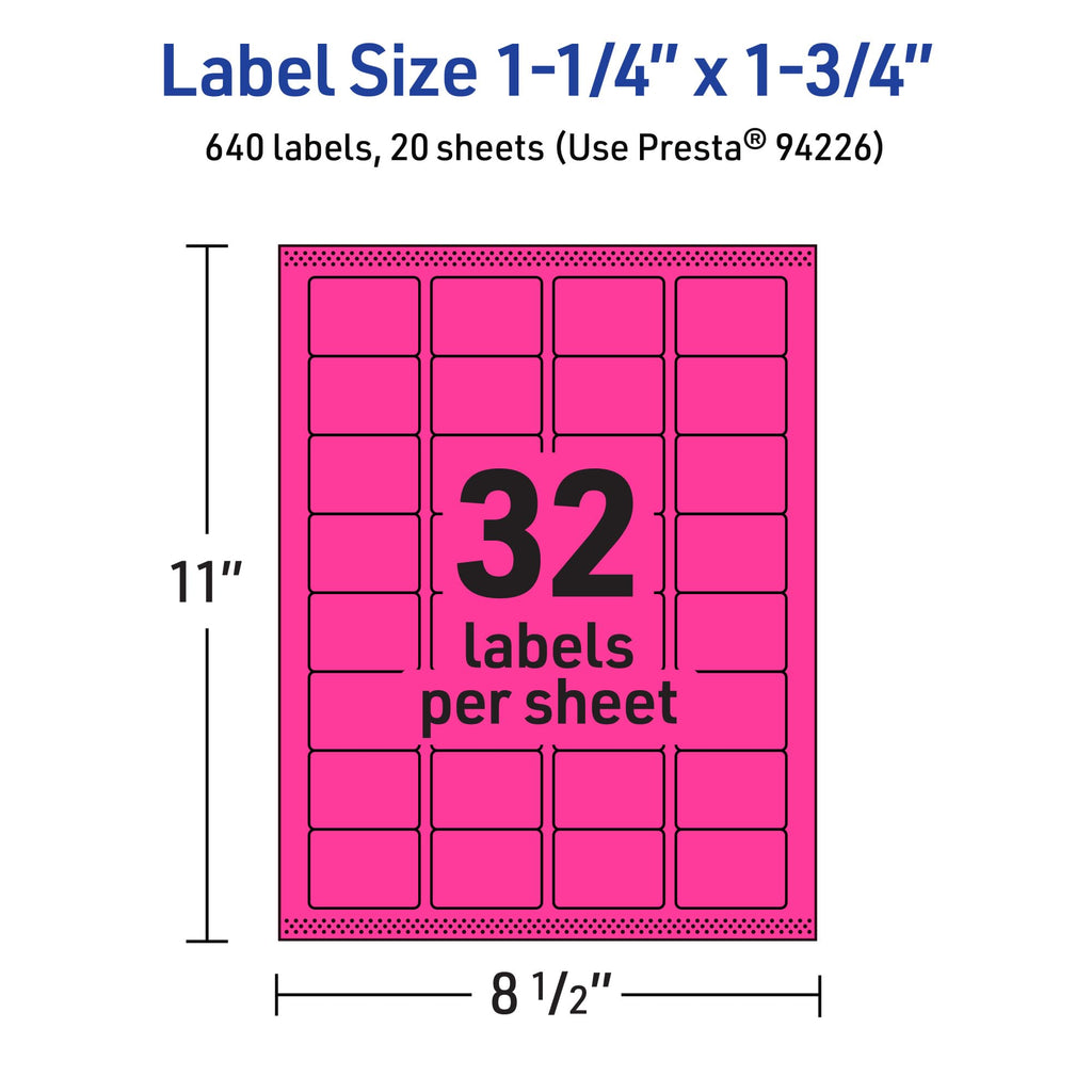 Avery® Printable Rectangle Labels, Sure Feed® Technology, 1-1/4" x 1-3/4", Neon Magenta Labels, Laser/Inkjet Printable, 640 Total, Great for Jars and More 640 labels