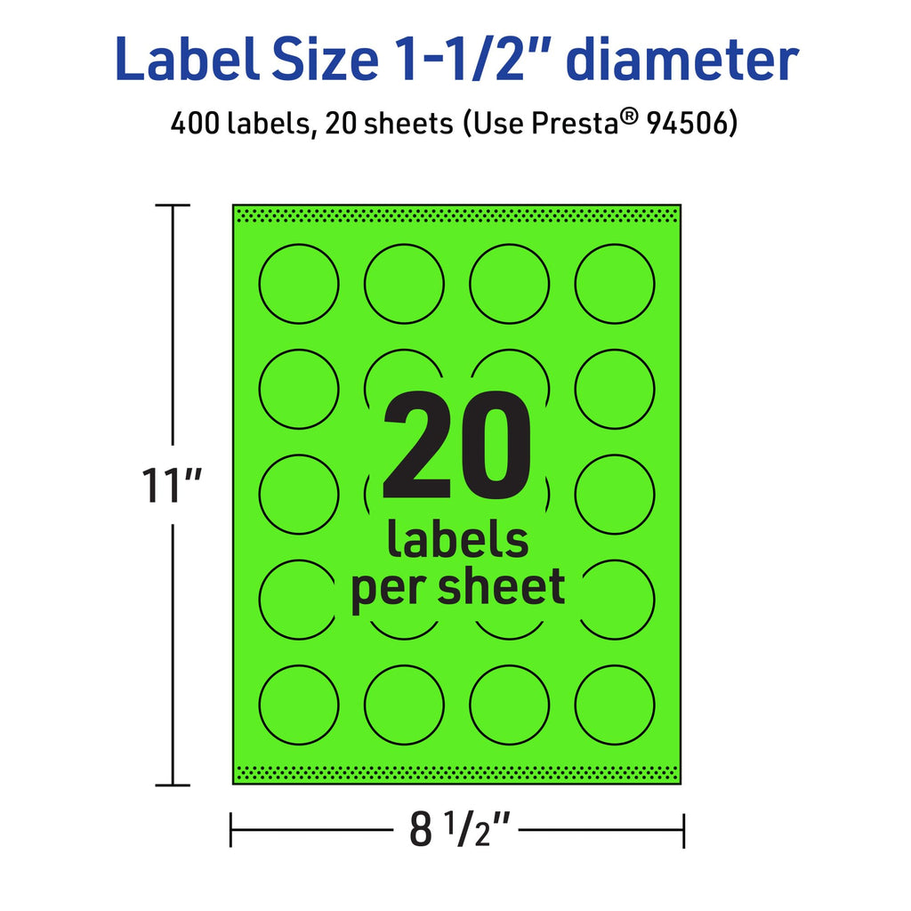 Avery Printable Round Labels, Sure Feed Technology, 1-1/2" Diameter, Neon Green Labels, Print-to-The-Edge, Laser/Inkjet Printable, 400 Total, Great for Stickers and Candles 400 labels