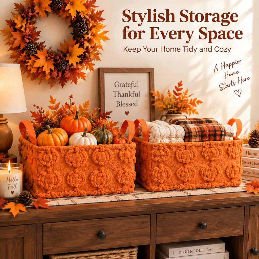 2 Pack Pumpkin Storage Baskets, 14x10'' Fall with Handles Orange-Pumpkin