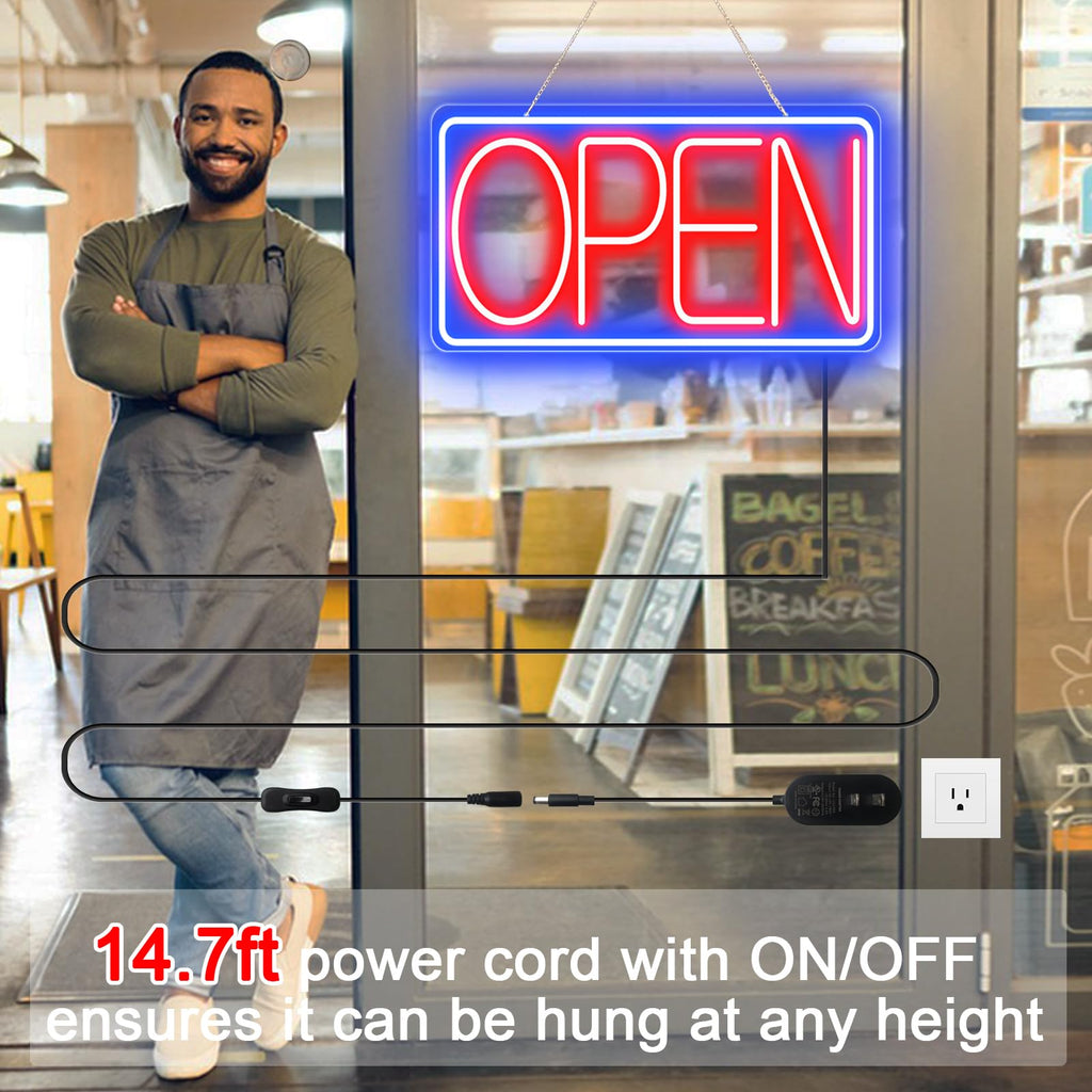 16.5" X 9" Led Neon Open Signs for Business - 12V/2A Ultra Bright Led Neon Sign with ON/OFF Switch - Plug In Electric Light Up Sign for Bar, Salon, Coffee Stores, Club, Hotel (Horizontal) Blue/Red-Horizontal 16.5x9 inch with AC Adapter