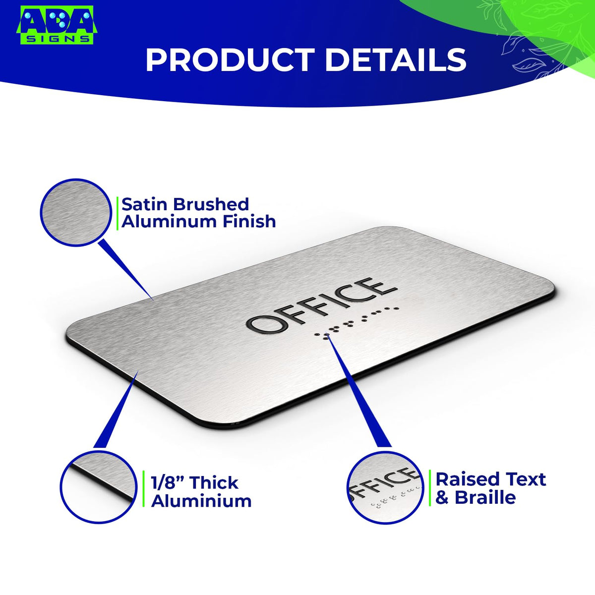 ADASigns Office Sign 7"x4" - Brushed Aluminum with Braille & Tape