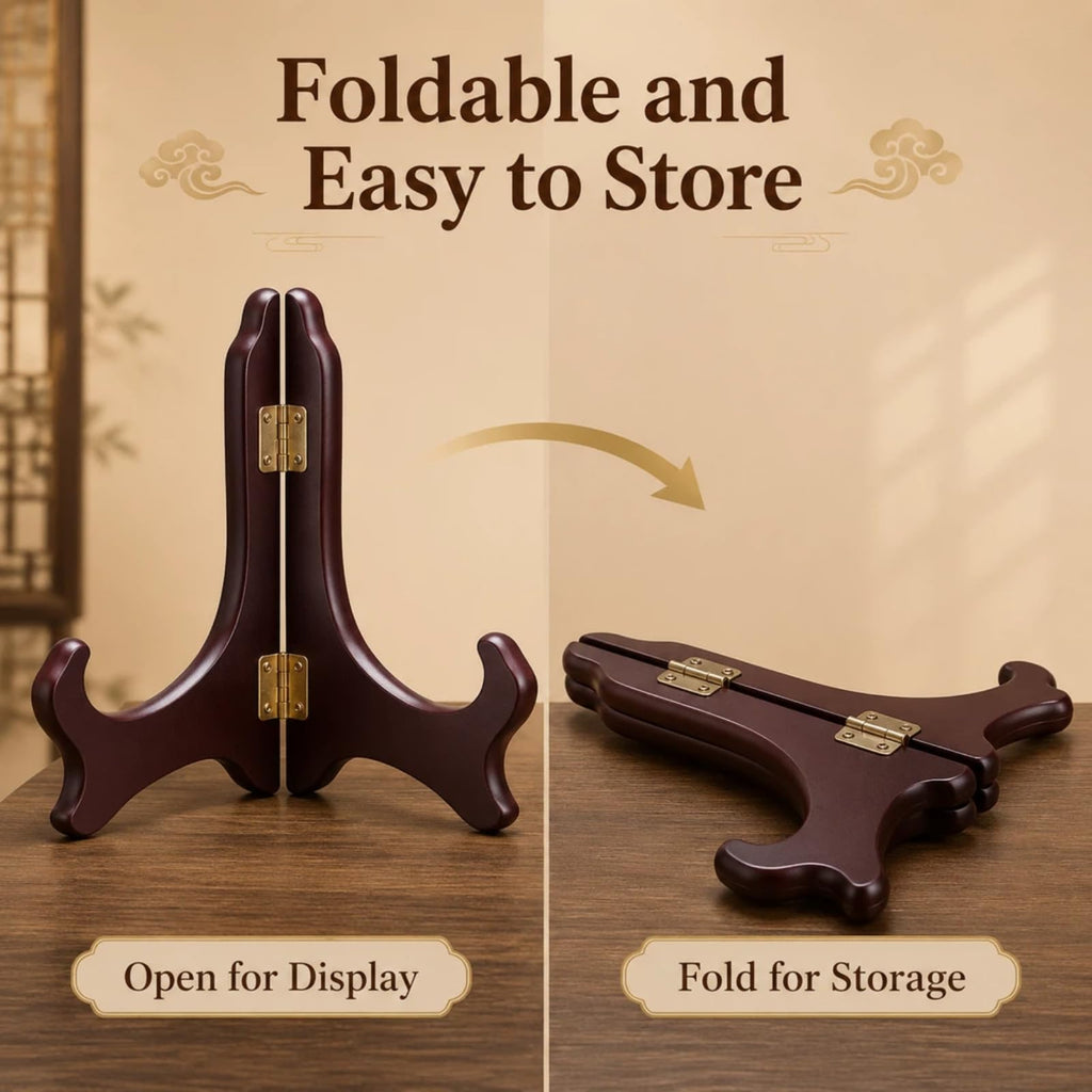 12 Inch Wooden Display Stand Folding Wood Plate Stand Frame, Decorative Plate Holders Stands for Display Pictures, Cookbooks, Birthday, Home, Party, Table Easel Display (Burgundy) Burgundy