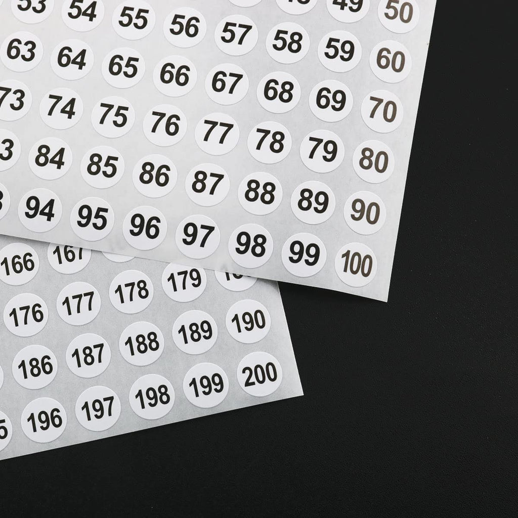 Vinyl Number Sticker 1-200, White on Black, 20 Sheets, 0.4 Inch Round, Self-Adhesive, Waterproof, Indoor Use, 2000 Pieces in Total