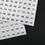 Vinyl Number Sticker 1-200, White on Black, 20 Sheets, 0.4 Inch Round, Self-Adhesive, Waterproof, Indoor Use, 2000 Pieces in Total