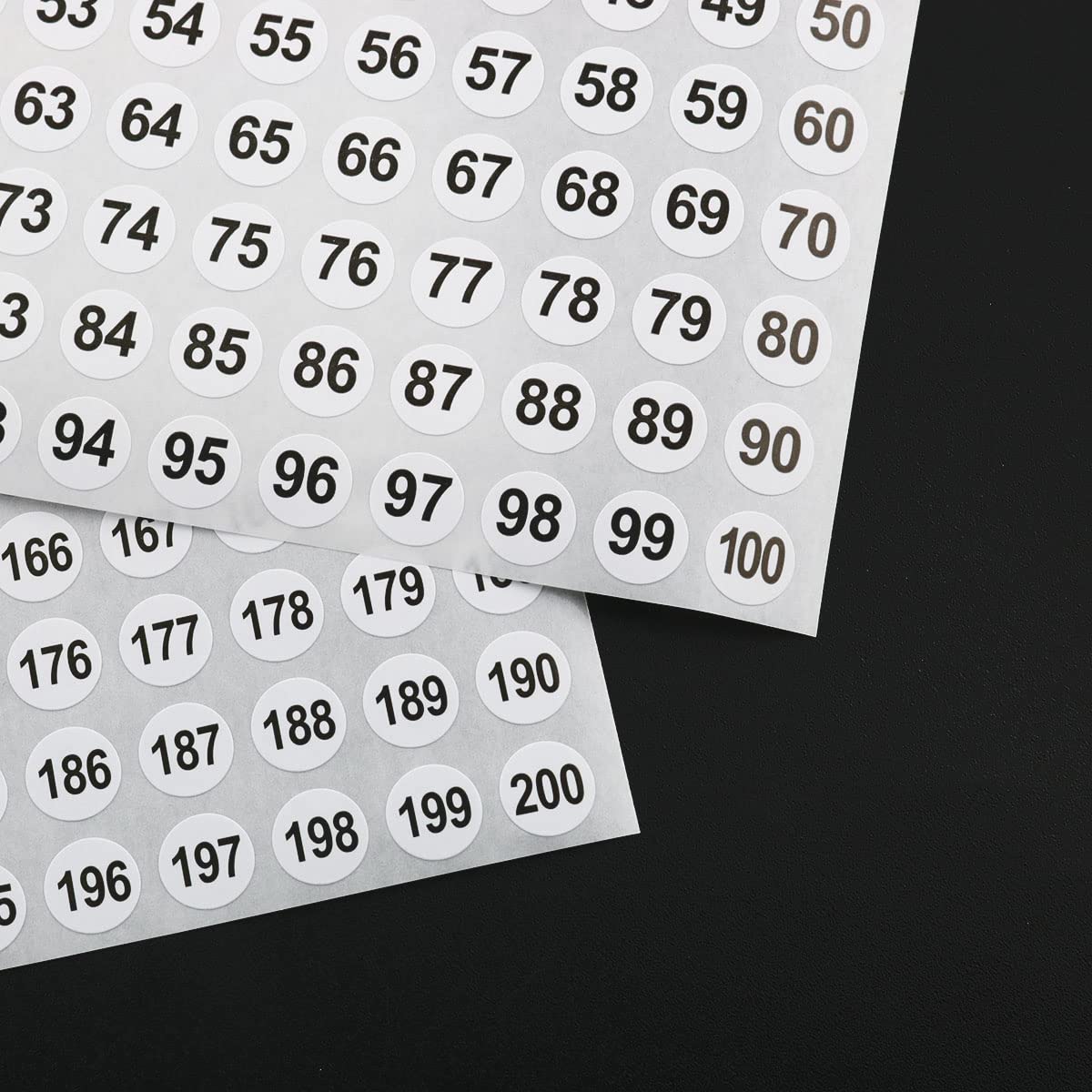 Vinyl Number Sticker 1-200, White on Black, 20 Sheets, 0.4 Inch Round, Self-Adhesive, Waterproof, Indoor Use, 2000 Pieces in Total