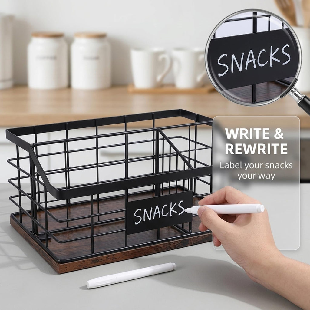 3-Compartment Metal Snack Organizer for Countertop, Snack Basket with Wooden Base and Pen, Chip and Candy Storage Bin for Kitchen Pantry and Snack Bar Station, Black